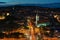 Bratislava skyline with st. Martin`s cathedral night scene, aerial view of the old town area and illuminated road, Slovakia