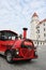 Bratislava, Slovakia - April, 2011: small red steam touristic train near Bratislava castle.