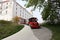 Bratislava, Slovakia - April, 2011: small red steam touristic train on road from Bratislava castle.