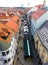 Bratislava, Slovakia top view of the old city. Beautiful roofs of tiled houses, street, small market