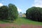 Brattsevo estate and Stroganov House on the mountain among the green trees in the southern Tushino.