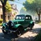 Brautiful scene of a morning day in an old town with a car, green bentley, tree, street