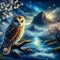 A brautiful wisr owl perches on a branch, behind a river, with stunning mountain view, whimsical, night, stars, painting art