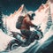 brave adventurer is riding a motorcycle through a snowy mountain range