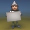 Brave armour clad medieval knight holding blank banner placard, 3d illustration