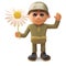 Brave army soldier waves while holding a flower, 3d illustration