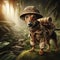 a brave brown rat terrier dressed up as a jungle explorer, animals concept