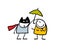 Brave cartoon masked superhero stickman protects a weak woman from the rain, holds umbrella. Vector illustration of a