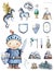 The brave cute little knight and the castle. Adventure collection. Hand drawn watercolor cartoon set for kid greeting