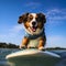 A brave dog surfing on a SUP board on the lake. Close up of a happy dog surfing on a surfboard. Water sports. Summer activities