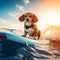 A brave dog surfing on a SUP board in the sea. Dachshund dog surfing on a surfboard. Water sports. Summer activities concept. Sea