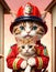 Brave Firefighter Cat Holding Kitten