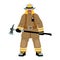 A brave firefighter in uniform and with an axe.   An experienced fire guard.