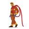 Brave Fireman Carry Water Hose on Shoulder, Equipment for Fighting with Blaze. Male Character in Firefighters Uniform