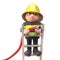 Brave fireman firefighter character fighting a fire with a hose up a ladder, 3d illustration