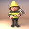 Brave fireman firefighter character in high visibility clothing and helmet holding a fire axe, 3d illustration