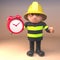 Brave fireman firefighter character holding an alarm clock, 3d illustration