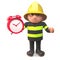 Brave hero firefighter fireman character setting his alarm clock, 3d illustration