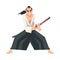 Brave Japanese Warrior Man with Katana and Hakama Vector Illustration