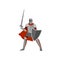 Brave knight in gray metal armor and helmet is ready to repel attack raising sword