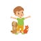 Brave little boy protecting and caring for animals vector Illustration on a white background