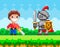 Brave man with sword fighting against pixel knight. Enemy attacks human. Meadow and nature landscape