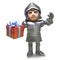 Brave medieval knight in armour holding giftwrapped present, 3d illustration