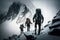 brave mens climbing an epic ivernal mountain, snow rain, tunders, adverse weather, generative Ai