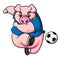 The brave pig is playing football and kicking the ball hardly