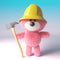 Brave pink fluffy teddy bear character dressed as a firefighter fireman holding a fire axe, 3d illustration