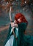 Brave red-haired girl holds a bow in her hands, directing an arrow, experienced hunter goes into battle, warlike image