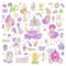 Brave tomboy Hell princess vector cartoon set. Princess magic and feminism illustration, little teen girl, princess