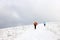 Brave tourists with backpacks and trekking sticks walking uphill in winter mountains.