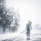 The brave walk alone. Rearview illustration of a man walking down a snowy road.