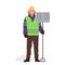 Brave woman janitor cartoon character standing with shovel ready to save city street from snow