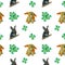 Brawn rabbit and ginger hare with green clover leaves on pattern on white background.