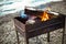 Brazier chargrill, burning firewood, smoke, hot flame of fire on river shore natural background.