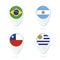 Brazil, Argentina, Chile, Uruguay flag location map pin icon