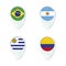 Brazil, Argentina, Uruguay, Colombia flag location map pin icon