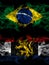 Brazil, Brazilian vs Benelux smoky mystic flags placed side by side. Thick colored silky abstract smoke flags