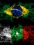 Brazil, Brazilian vs Casamance, Senegal  smoky mystic flags placed side by side. Thick colored silky abstract smoke flags