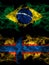 Brazil, Brazilian vs Ingrian people smoky mystic flags placed side by side. Thick colored silky abstract smoke flags