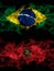 Brazil, Brazilian vs Morocco, Moroccan smoky mystic flags placed side by side. Thick colored silky abstract smoke flags