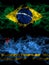 Brazil, Brazilian vs Netherlands, Dutch, Holland, Aruba smoky mystic flags placed side by side. Thick colored silky abstract smoke