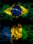 Brazil, Brazilian vs Ogoni people smoky mystic flags placed side by side. Thick colored silky abstract smoke flags