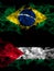 Brazil, Brazilian vs Palestine, Palestinian smoky mystic flags placed side by side. Thick colored silky abstract smoke flags