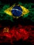 Brazil, Brazilian vs USSR, Soviet, Russia, Russian, Communism smoky mystic flags placed side by side. Thick colored silky abstract