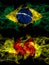 Brazil, Brazilian vs Wallonia smoky mystic flags placed side by side. Thick colored silky abstract smoke flags