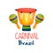 Brazil Carnival logo, bright fest.ive party banner with drum and maracas vector Illustration on a white background