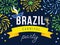 Brazil carnival party web banner, invitation with fireworks. Hand drawn samba woman dancer and mask with feathers